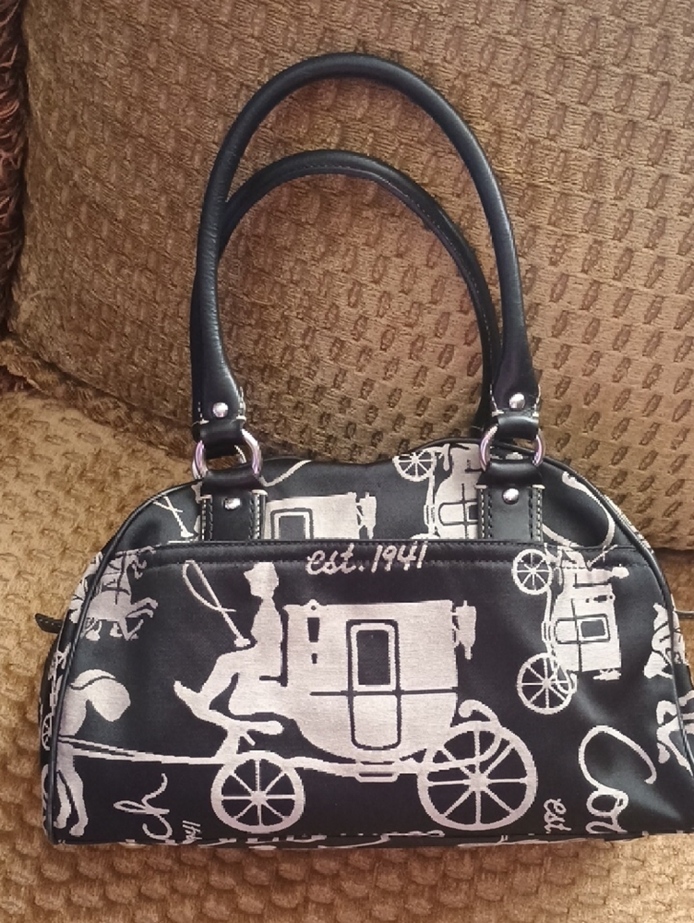 Coach Black Satchel with Cream Carriage Print and Matching Wristlet - Picture 5 of 11